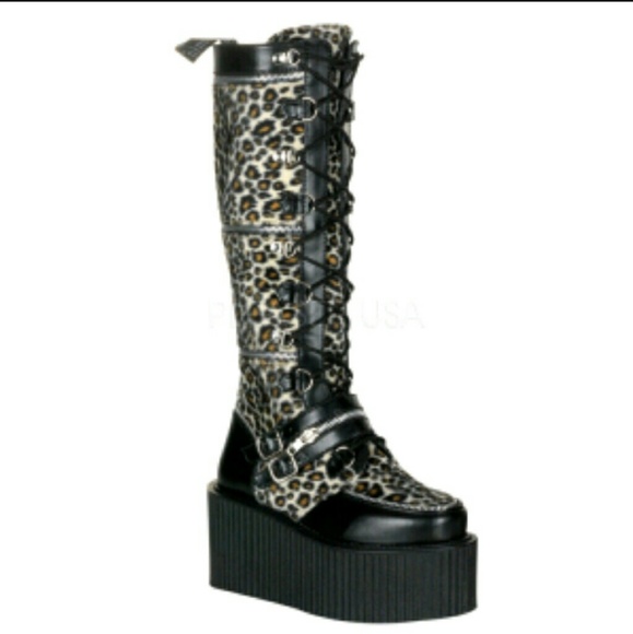 Demonia Shoes - Demonia Leopard Knee High Platform Boots